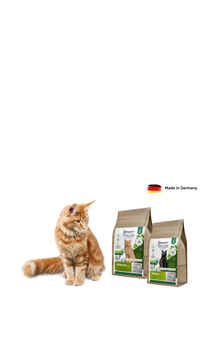 Eine Katze wirft einen Blick auf zwei Packungen des HenArt Katzenfutters.