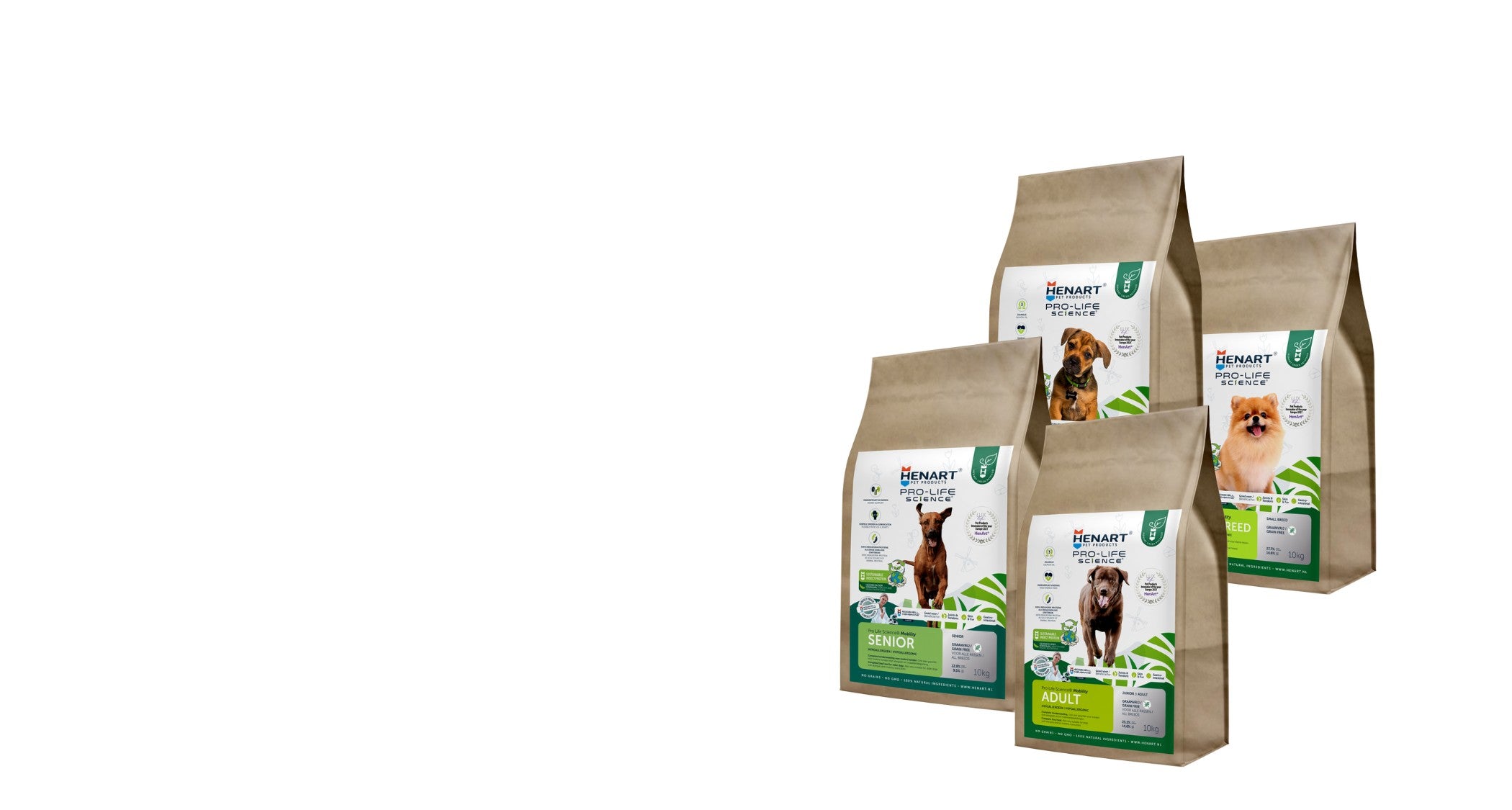 Zu sehen sind vier Packungen des HenArt Insektenfutters für unterschiedliche Hunderassen.