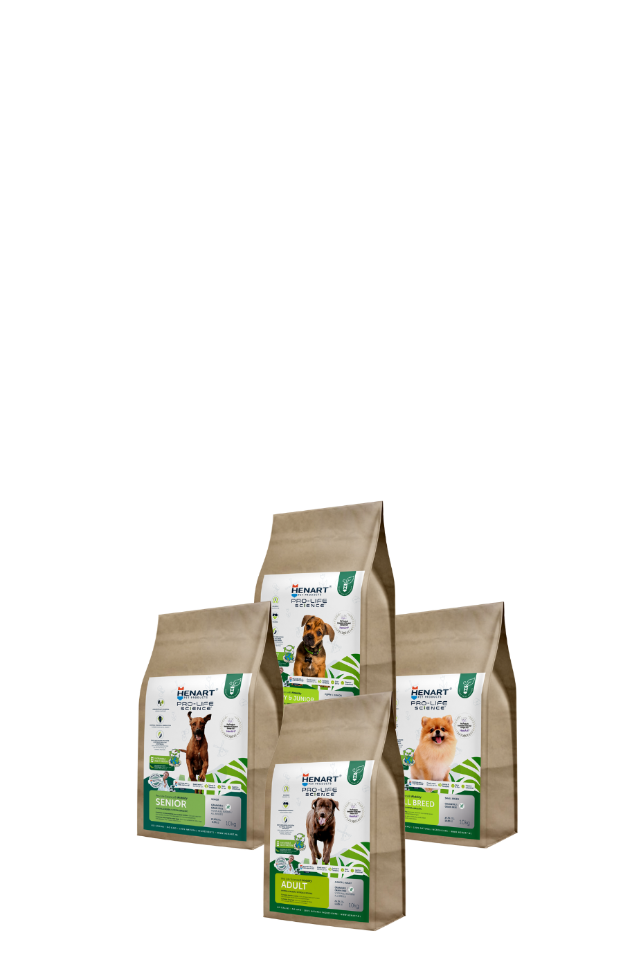 Zu sehen sind vier Packungen des HenArt Insektenfutters für unterschiedliche Hunderassen.